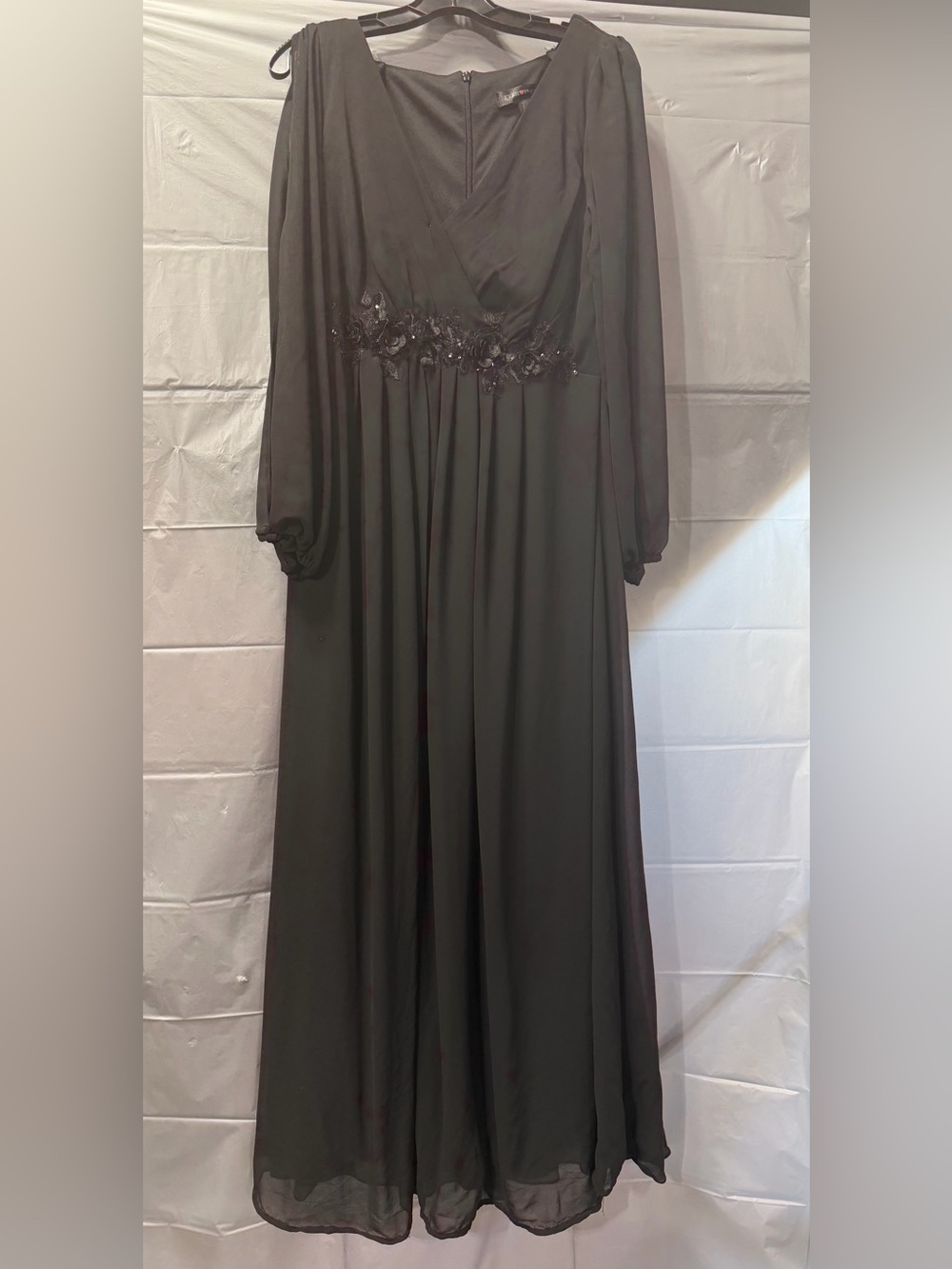 Ever Pretty Black Long Sleeve Chiffon Maxi Dress with Floral Waist